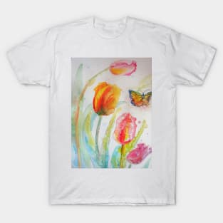 Colorful Tulip Watercolor Painting and Butterfly T-Shirt